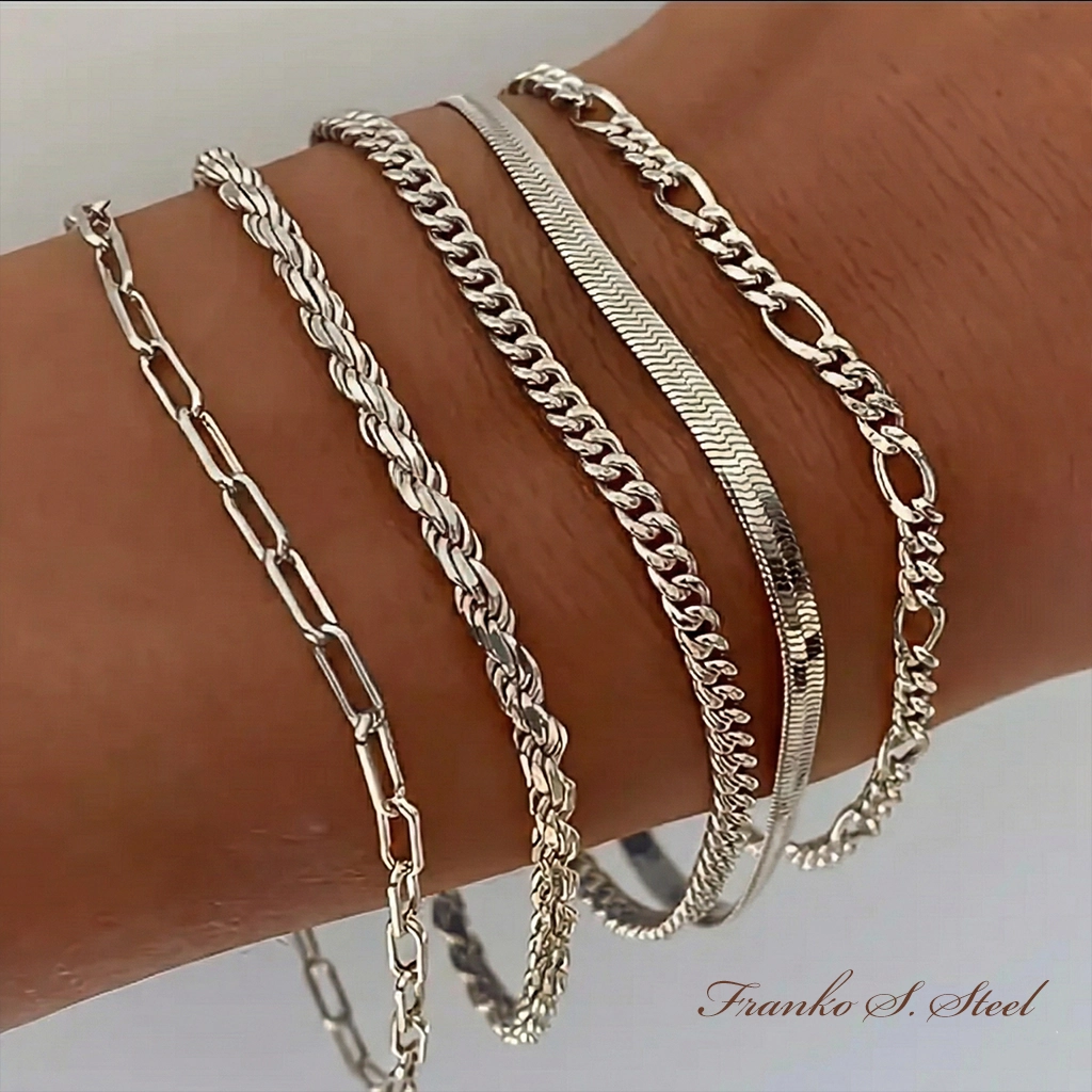 Srebrny Zestaw 5 Bransoletek BSZS01 ze Stali Chirurgicznej 316L - obrazek 2